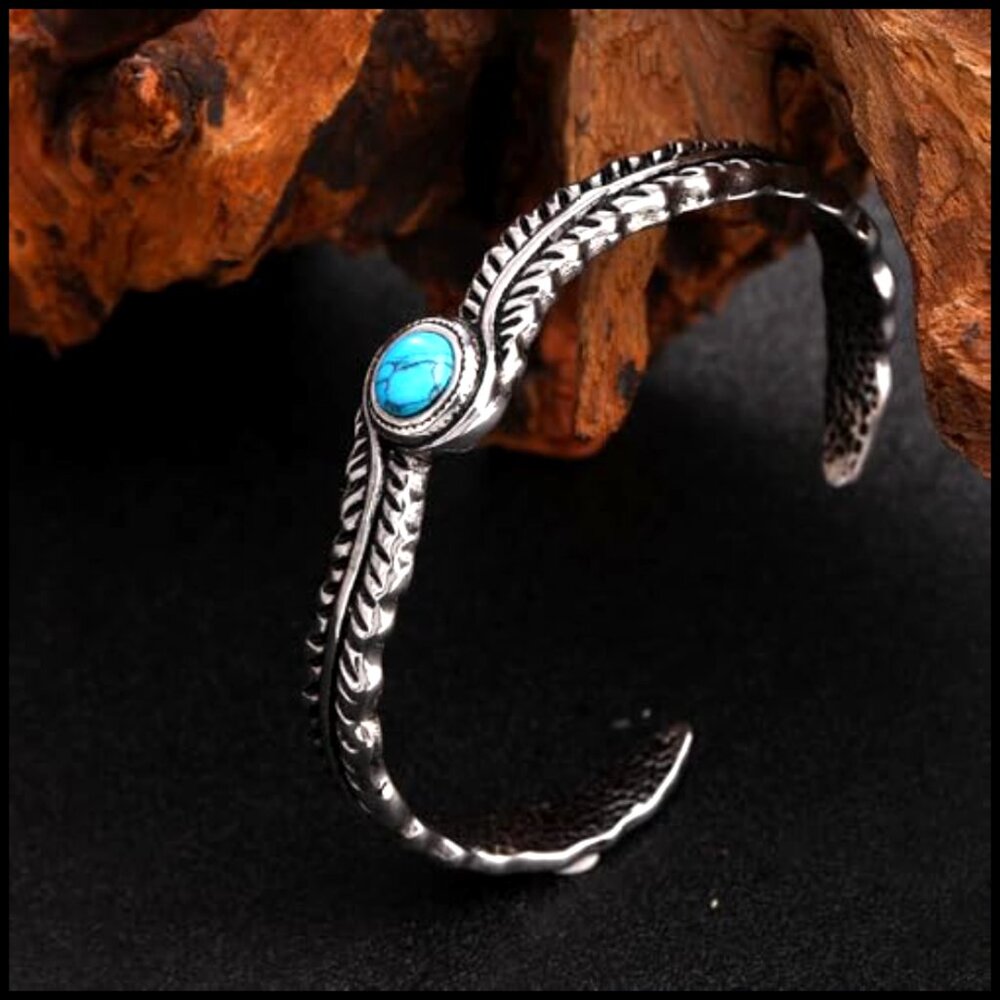 Silver Turquoise Cuff Bracelet Bohemian Vintage Feather Design Stainless Steel - Picture 4 of 5